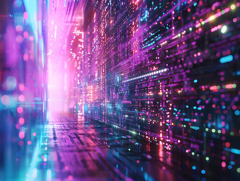 Futuristic data corridor with vibrant lights and digital elements, representing AI, technology, and innovation in a colorful cyber landscape.