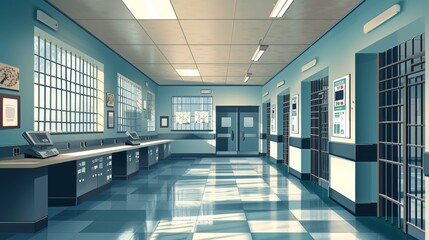 Fototapeta premium Create an image of a prison medical station where inmates receive medical care and check-ups --no text --ar 16:9 --quality 0.5 Job ID: 23c5162d-cfb9-4d9c-903c-37d68921353e