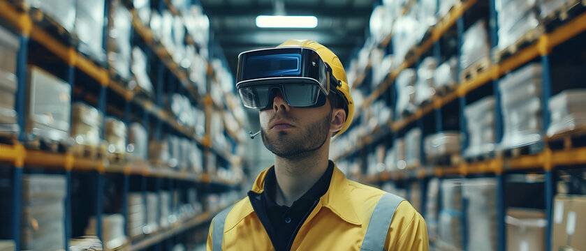 Worker wearing augmented reality headset in a modern warehouse. Concept of technology in logistics and inventory management.