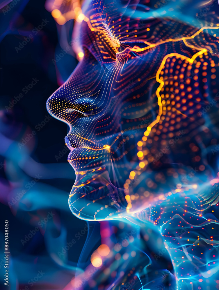 Poster abstract digital human face composed of glowing lines and dots, representing artificial intelligence