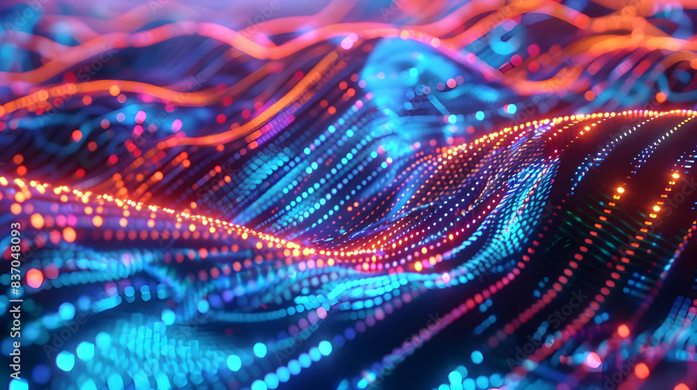 Poster abstract digital landscape with flowing neon light particles resembling a futuristic terrain, captiv