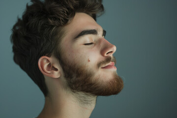 A close up of a man with beard and closed eyes looking to a side
