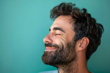 Obraz premium A close up of a man with beard and closed eyes looking to a side