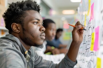 Focused Team Leader Brainstorming on Whiteboard During Collaborative Office Session