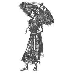 indonesian women wearing kebaya with umbrella engraving style black color only