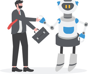 Successful businessman shaking hand with a robot with artificial intelligence. Artificial intelligence business concept.
