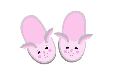 Fototapeta premium House slippers, cute pet. Funny slippers, bunny. A pair of fluffy cute shoes of rabbits, hares. Cartoon flat home warm comfortable sleeping shoes with animal head 