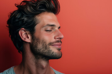 Fototapeta premium A close up of a man with beard and closed eyes looking to a side