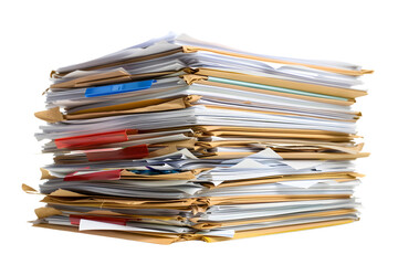 A large stack of various documents and files organized in folders. Ideal for representing paperwork, organization, and office workload.