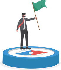 Businessman holding flag on big business compass running to direction the compass point to. Business goal concept.

