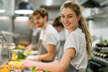 Caucasian woman smiling while cooking with classmates in a professional kitchen, concept of culinary training and fun