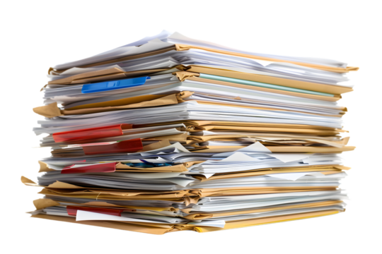 A large stack of various documents and files organized in folders. Ideal for representing paperwork, organization, and office workload.