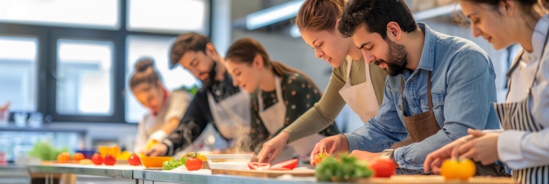 Diverse group of adults in a cooking class preparing food, concept of culinary education and teamwork, copy space