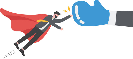 Super businessman punching and fighting back with a big hand. Competition business concept.
