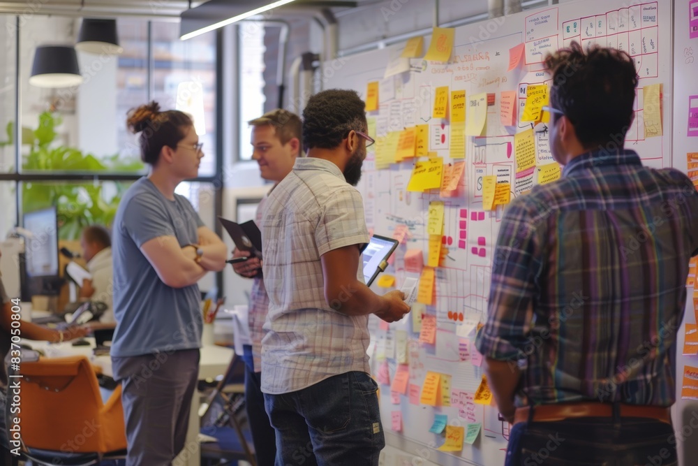 Poster diverse team in high-energy brainstorming session with whiteboards and digital tools for creative co