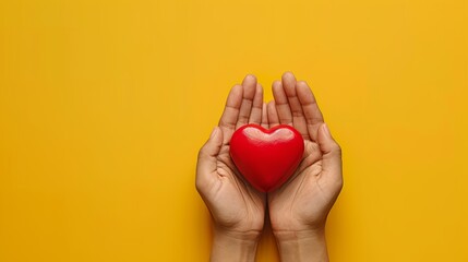 Caring Hands Holding Red Heart. A poignant image of hands cradling a glossy red heart against a bright yellow background, symbolizing care and love.