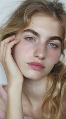 Fototapeta premium A young woman with blonde hair and blue eyes poses for a close-up portrait