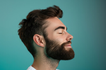 Obraz premium A close up of a man with beard and closed eyes looking to a side