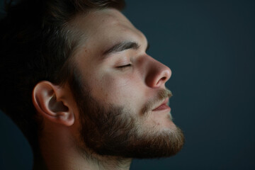 Obraz premium A close up of a man with beard and closed eyes looking to a side