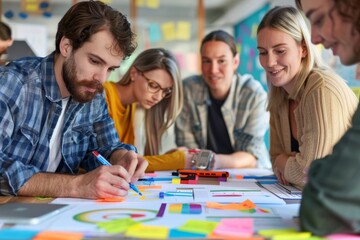 Fototapeta premium Creative Professionals Brainstorming in Casual Meeting Room with Sticky Notes and Charts - Innovative Solutions