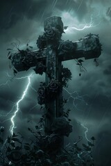 Gothic Cross with Roses in Thunderstorm