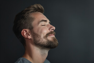 Fototapeta premium A close up of a man with beard and closed eyes looking to a side