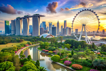 beautiful image of the city. iconic skyline with modern skyscrapers, lush greenery, and the Marina...