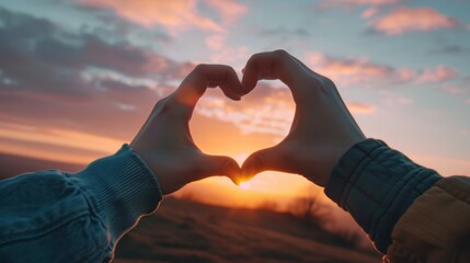 A captivating image of hands forming a heart shape framing a stunning sunset over the ocean.