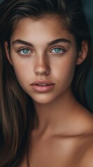 Obraz premium A close-up portrait of a woman with long brown hair and blue eyes