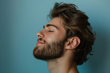 Obraz premium A close up of a man with beard and closed eyes looking to a side
