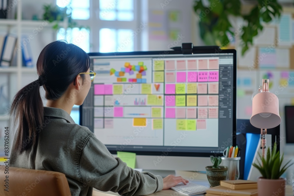 Poster remote team collaboration on digital kanban board during video call for efficient project management