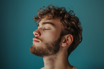 Fototapeta premium A close up of a man with beard and closed eyes looking to a side