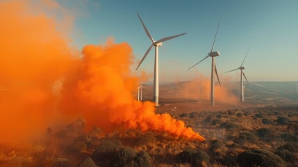 Bright orange smoke twirls around wind turbines, energy innovation captured minimally.