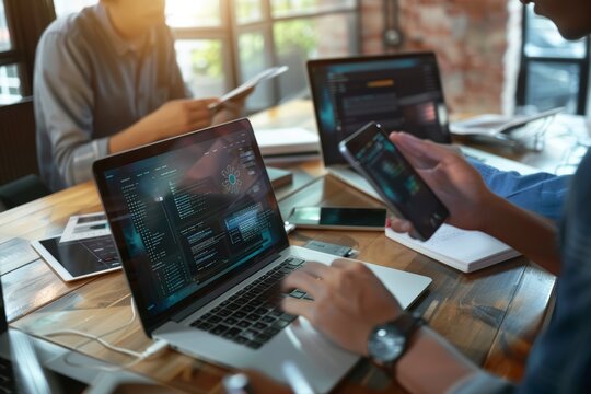 Modern Tech Startup Team Collaborating on Mobile App Development in a Contemporary Office Setting