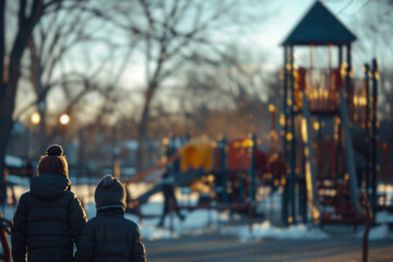 two kids in winter standing in front of blurry playground