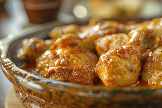 Close-Up of Moamba de Galinha Focusing on Tender Chicken and Rich Sauce in Traditional Angolan Setting