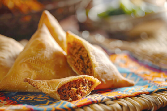 Somali Sambusa with Spiced Meat Filling on a Woven Mat with a Bustling Somali Street Background