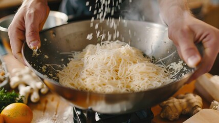 A cooking class scene focused on healthy cuisine, highlighting shirataki noodles preparation with soy sauce and ginger