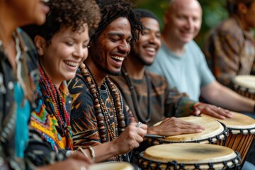 Diverse Team Enjoying Team Building Drumming Workshop for Rhythm and Harmony Exploration