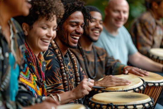 Diverse Team Enjoying Team Building Drumming Workshop for Rhythm and Harmony Exploration