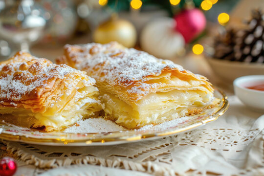 Close-Up of Zagorski &scaron;trukli Highlighting Flaky Pastry and Rich Cheese Filling in a Festive Croatian Setting: Use for Croatian cuisine on International Food Days
