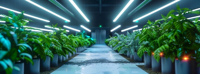 High-tech greenhouse with plants growing in data-enhanced environments generated by AI