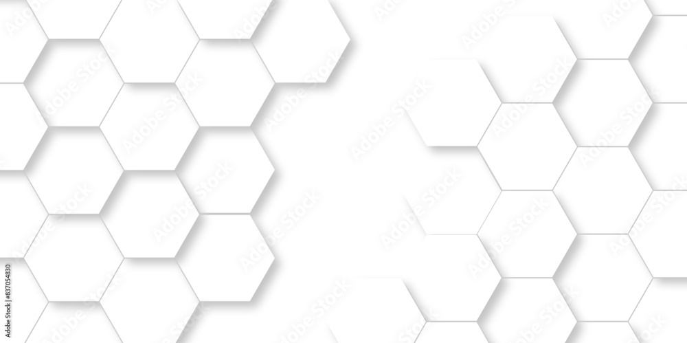 Wall mural Vector pattern with hexagonal white and gray technology line paper background. Hexagonal 3d grid tile and mosaic structure mess cell. white and gray hexagon honeycomb geometric copy space.