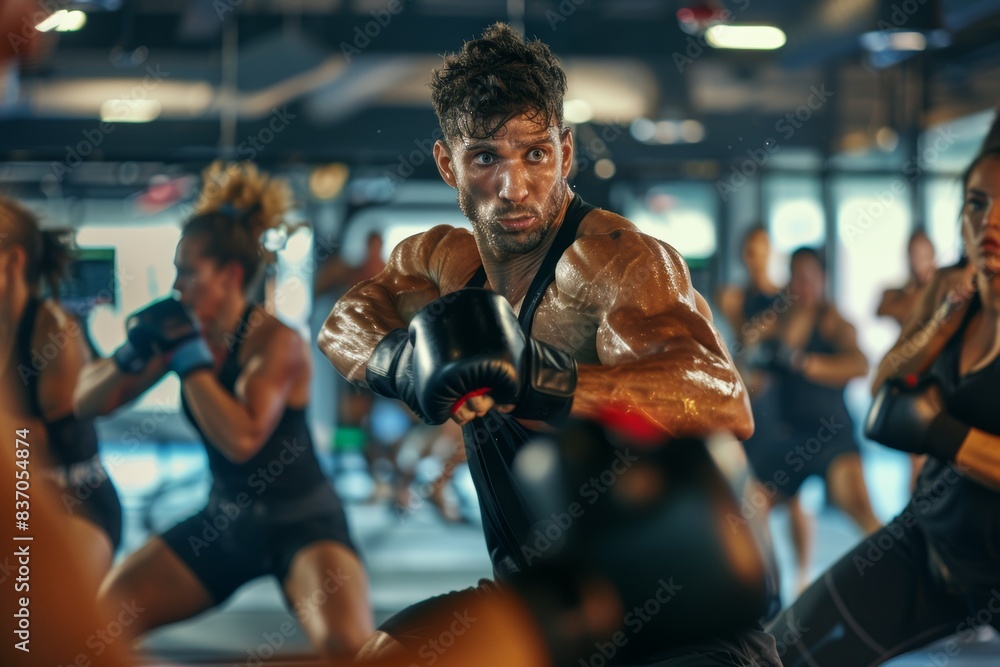 Poster intense kickboxing class with passionate instructor and focused participants in a gym setting
