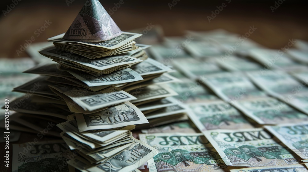 Poster inflation pyramid. visualization of a pyramid consisting of banknotes, where the top of the pyramid 