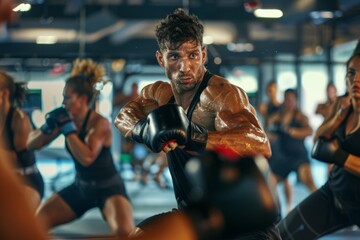 Intense Kickboxing Class with Passionate Instructor and Focused Participants in a Gym Setting