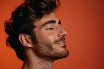 Obraz premium A close up of a man with beard and closed eyes looking to a side
