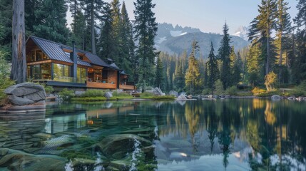 Naklejka premium Tranquil, mountain retreat with a modern cabin surrounded by towering pines and a clear lake generated by AI