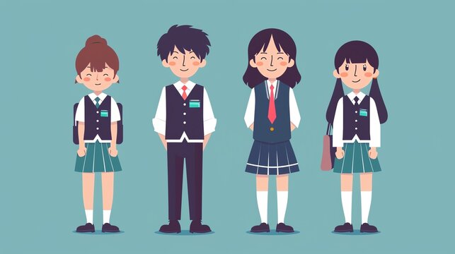 authentic school uniform poster flat design front view regional specificity theme animation vivid