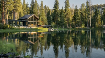 Tranquil, mountain retreat with a modern cabin surrounded by towering pines and a clear lake generated by AI